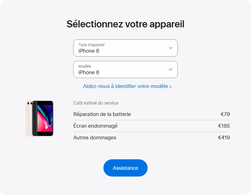 Apple France's repair pricing panel showing iPhone 8 service estimates