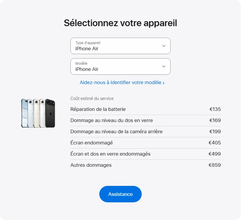 Apple France's repair pricing panel showing iPhone Air service estimates