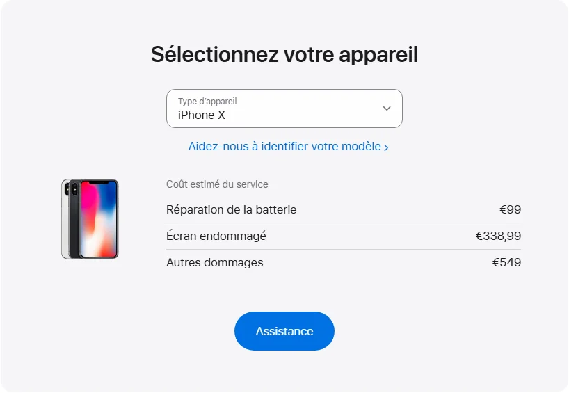 Apple France's repair pricing panel showing iPhone X service estimates