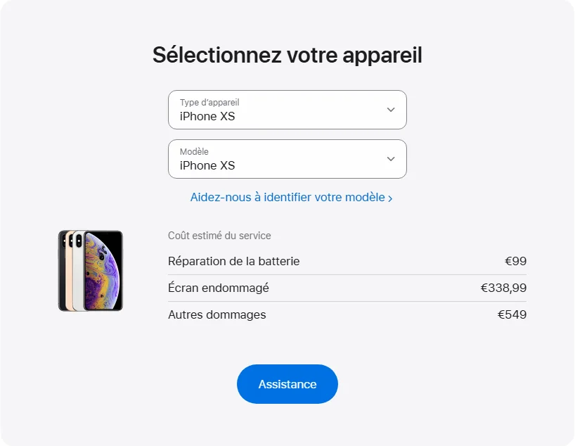 Apple France's repair pricing panel showing iPhone XS service estimates