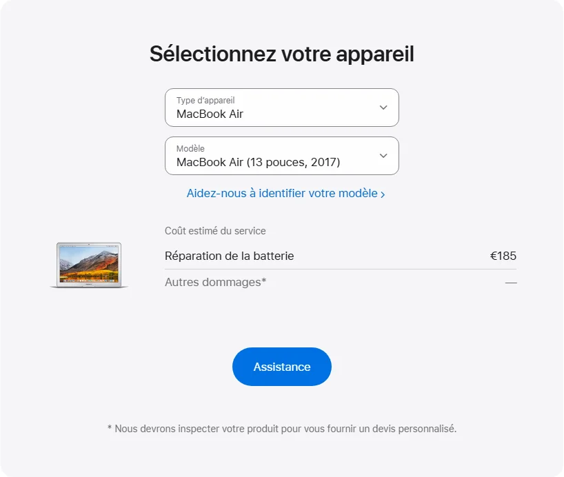Apple France's repair pricing panel showing MacBook Air (13 pouces, 2017) service estimates