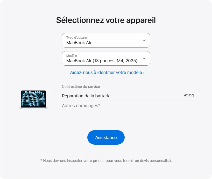 Apple France's repair pricing panel showing MacBook Air (13 pouces, M4, 2025) service estimates
