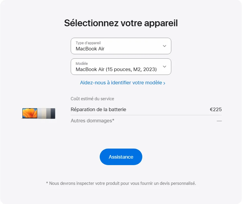 Apple France's repair pricing panel showing MacBook Air (15 pouces, M2, 2023) service estimates