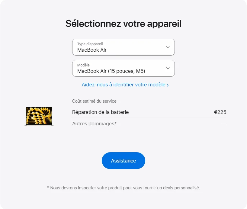Apple France's repair pricing panel showing MacBook Air (15 pouces, M5) service estimates