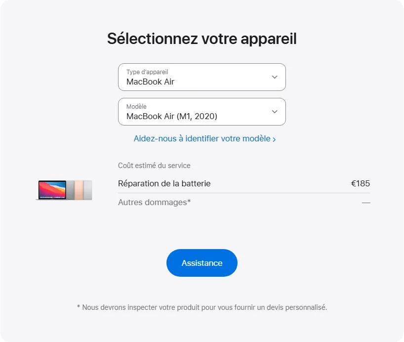 Apple France's repair pricing panel showing MacBook Air (M1, 2020) service estimates