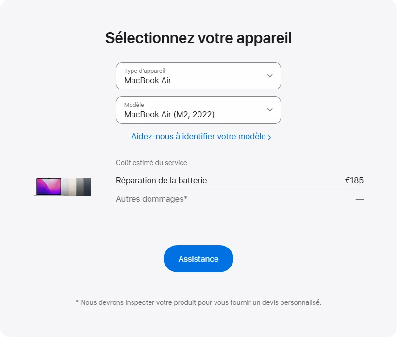 Apple France's repair pricing panel showing MacBook Air (M2, 2022) service estimates