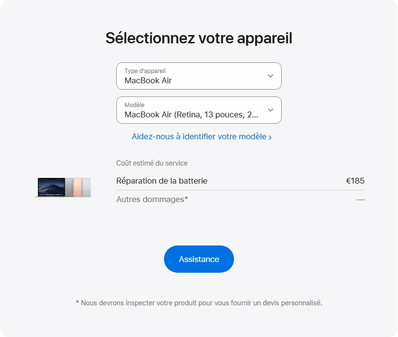 Apple France's repair pricing panel showing MacBook Air (Retina, 13 pouces, 2019) service estimates