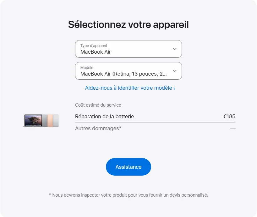 Apple France's repair pricing panel showing MacBook Air (Retina, 13 pouces, 2020) service estimates