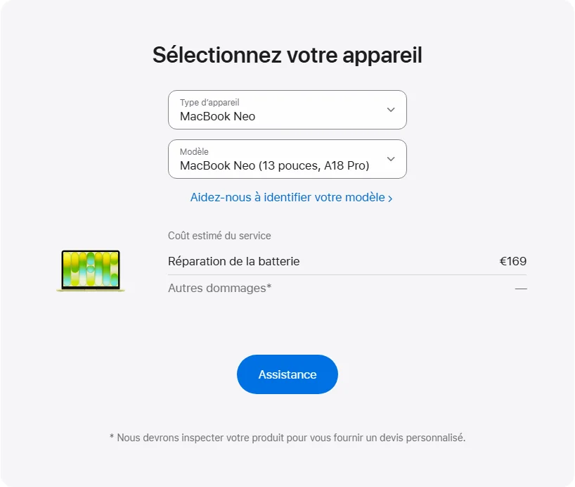 Apple France's repair pricing panel showing MacBook Neo (13 pouces, A18 Pro) service estimates