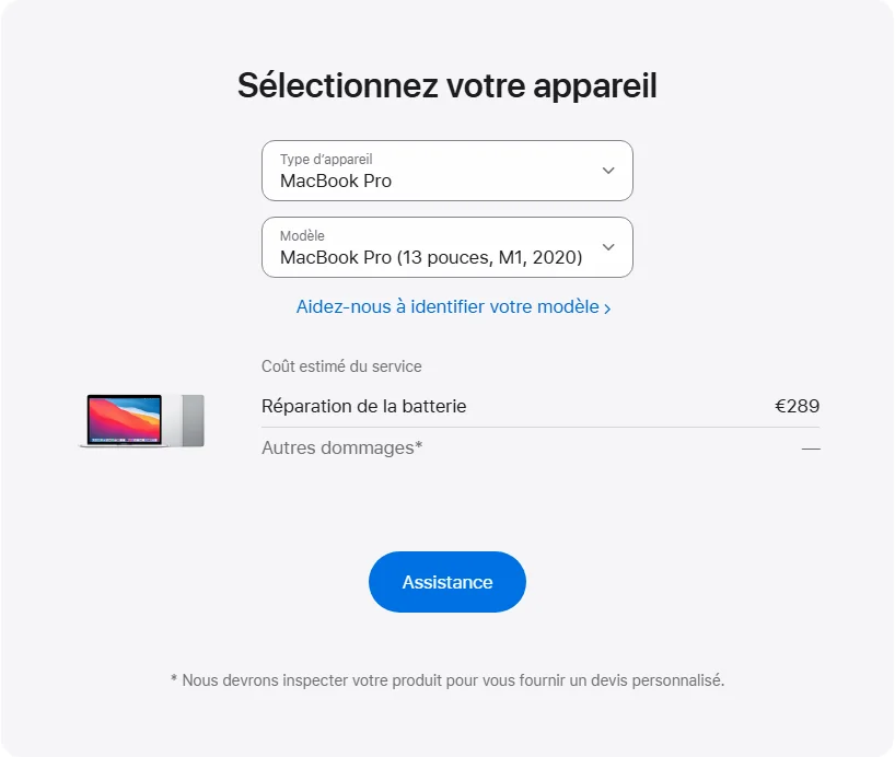 Apple France's repair pricing panel showing MacBook Pro (13 pouces, M1, 2020) service estimates