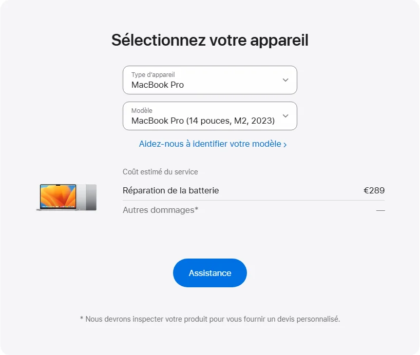 Apple France's repair pricing panel showing MacBook Pro (14 pouces, M2, 2023) service estimates