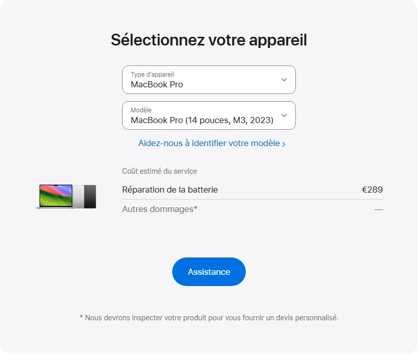 Apple France's repair pricing panel showing MacBook Pro (14 pouces, M3, 2023) service estimates