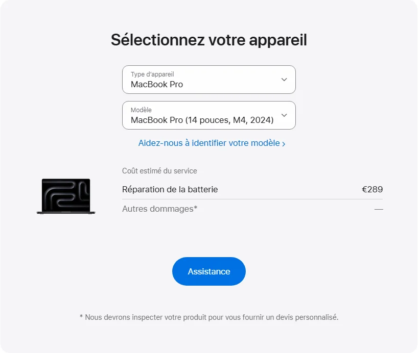 Apple France's repair pricing panel showing MacBook Pro (14 pouces, M4, 2024) service estimates