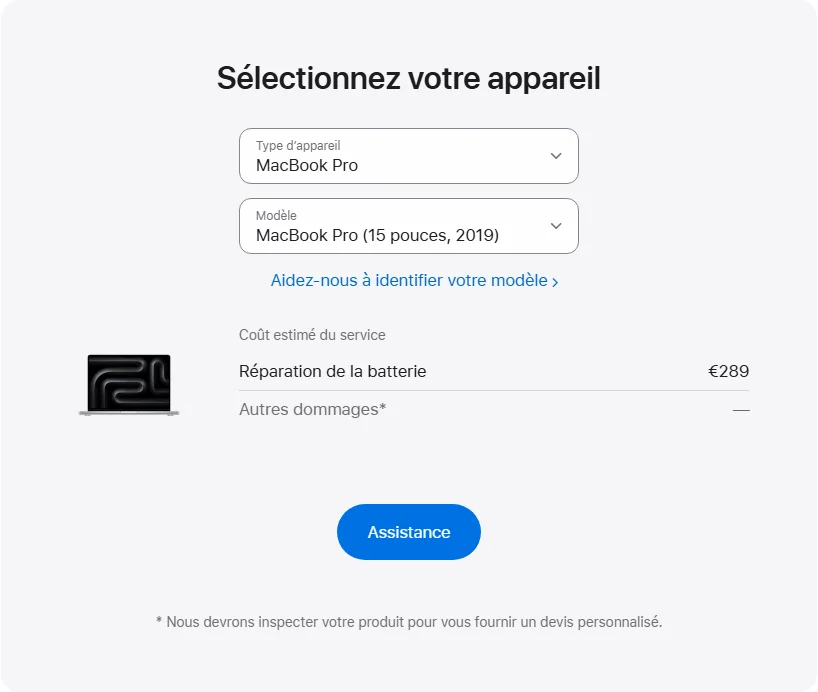 Apple France's repair pricing panel showing MacBook Pro (15 pouces, 2019) service estimates
