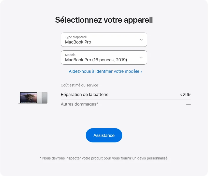Apple France's repair pricing panel showing MacBook Pro (16 pouces, 2019) service estimates