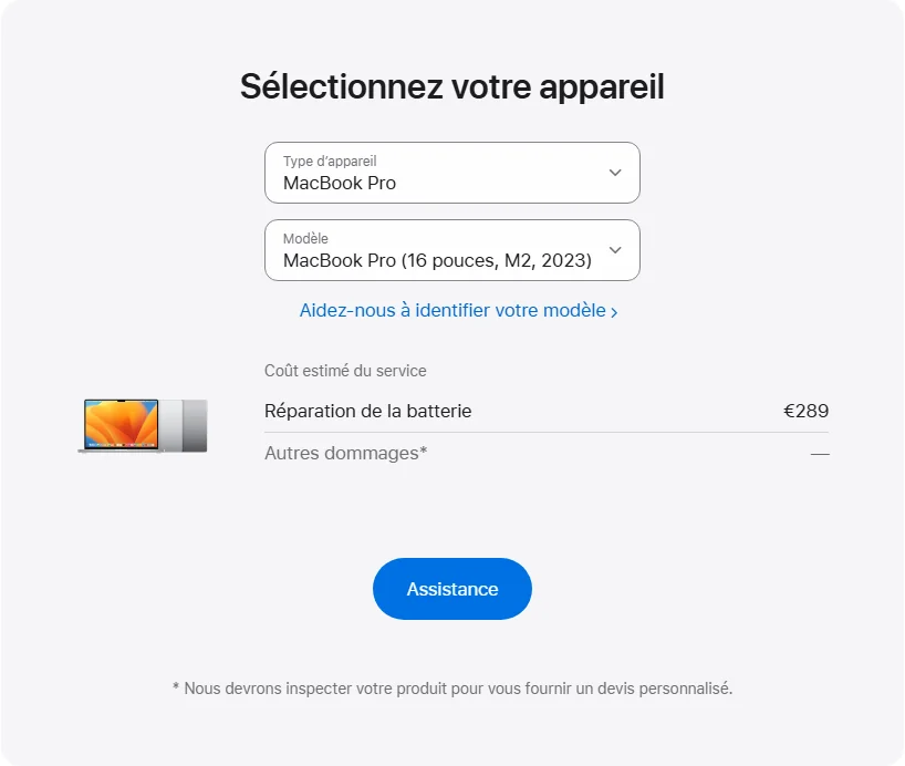 Apple France's repair pricing panel showing MacBook Pro (16 pouces, M2, 2023) service estimates