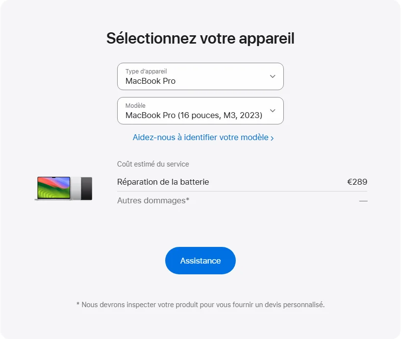 Apple France's repair pricing panel showing MacBook Pro (16 pouces, M3, 2023) service estimates