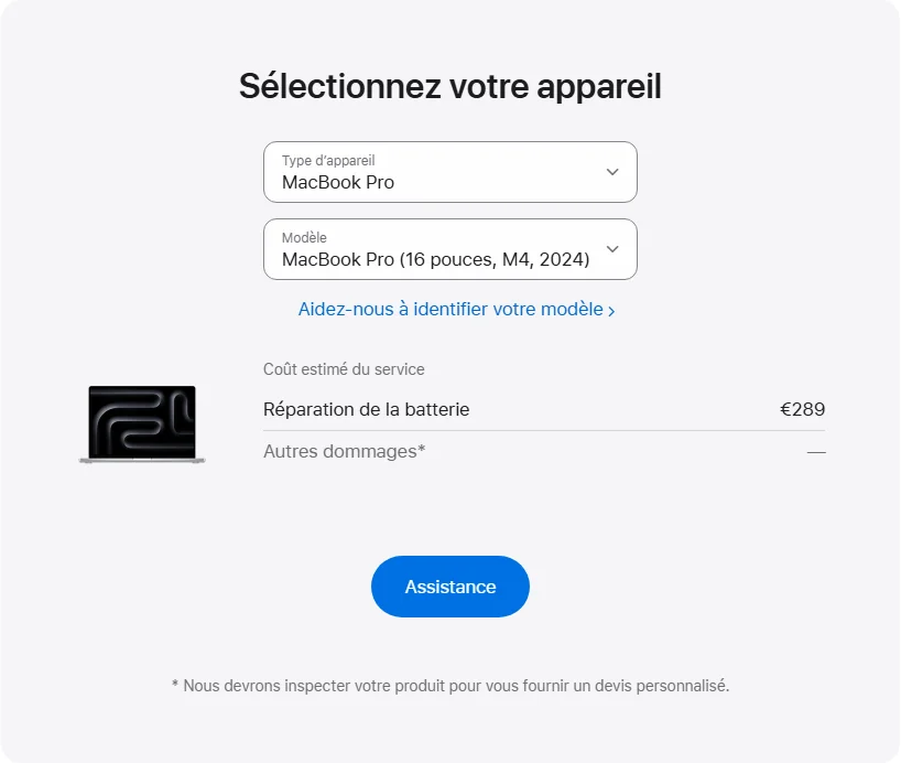 Apple France's repair pricing panel showing MacBook Pro (16 pouces, M4, 2024) service estimates