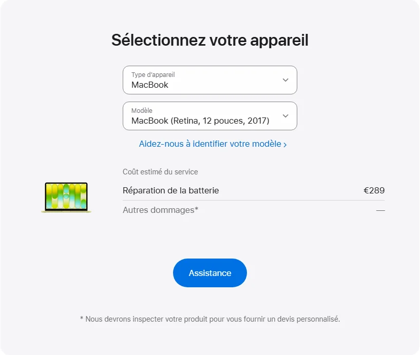 Apple France's repair pricing panel showing MacBook (Retina, 12 pouces, 2017) service estimates