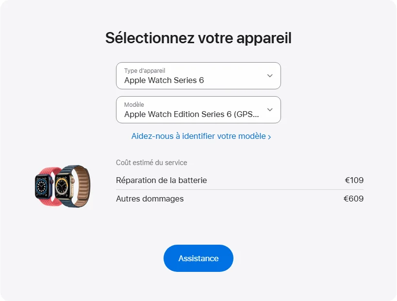 Apple France's repair pricing panel showing Apple Watch Edition Series 6 (GPS + Cellular) (titane) 44 mm service estimates