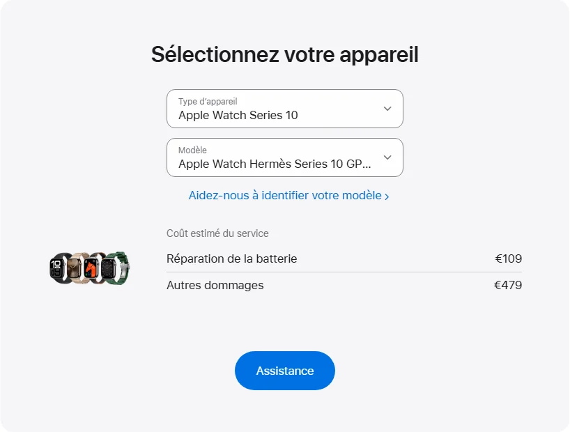 Apple France's repair pricing panel showing Apple Watch Hermès Series 10 GPS + Cellular 42 mm service estimates