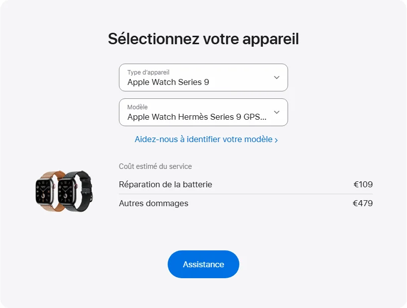 Apple France's repair pricing panel showing Apple Watch Hermès Series 9 GPS + Cellular 45 mm service estimates