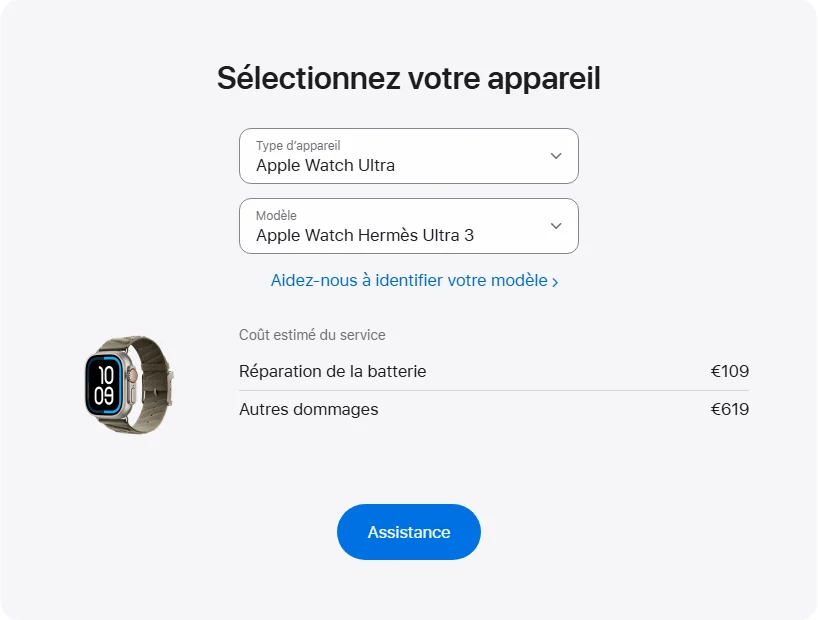 Apple France's repair pricing panel showing Apple Watch Hermès Ultra 3 service estimates