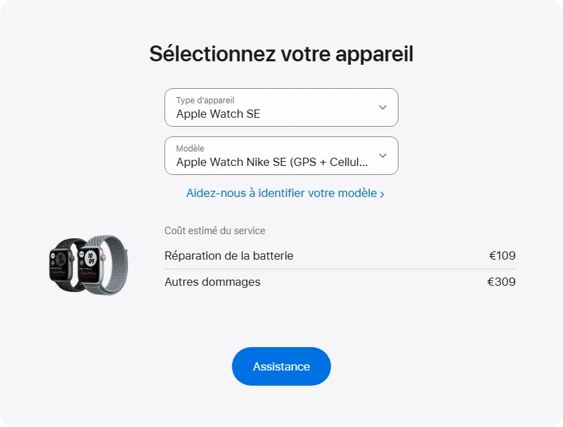 Apple France's repair pricing panel showing Apple Watch Nike SE (GPS + Cellular) 44 mm service estimates
