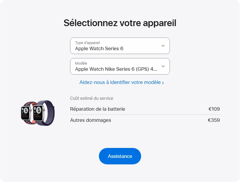 Apple France's repair pricing panel showing Apple Watch Nike Series 6 (GPS) 40 mm service estimates