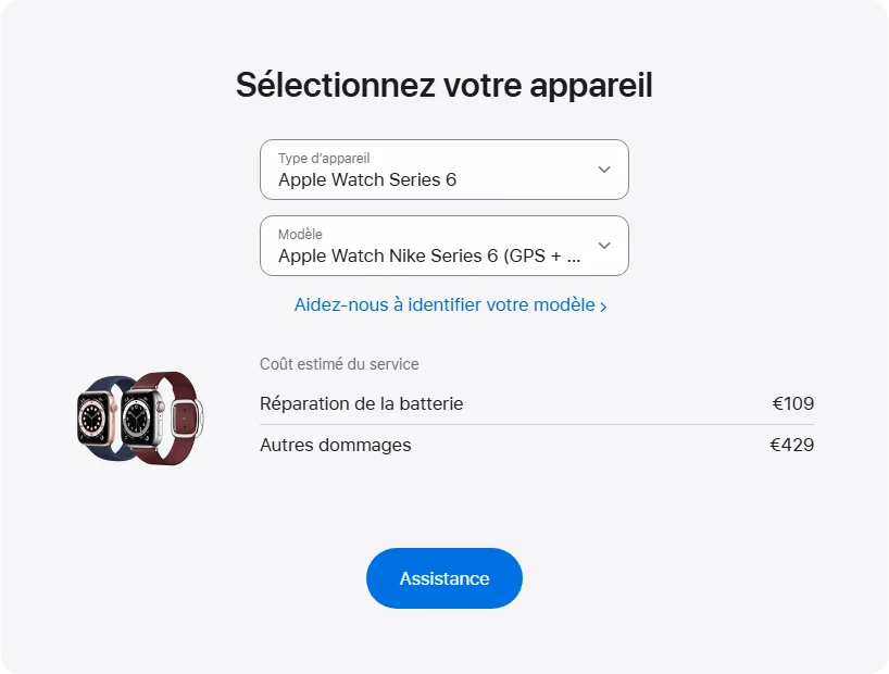 Apple France's repair pricing panel showing Apple Watch Nike Series 6 (GPS + Cellular) 40 mm service estimates