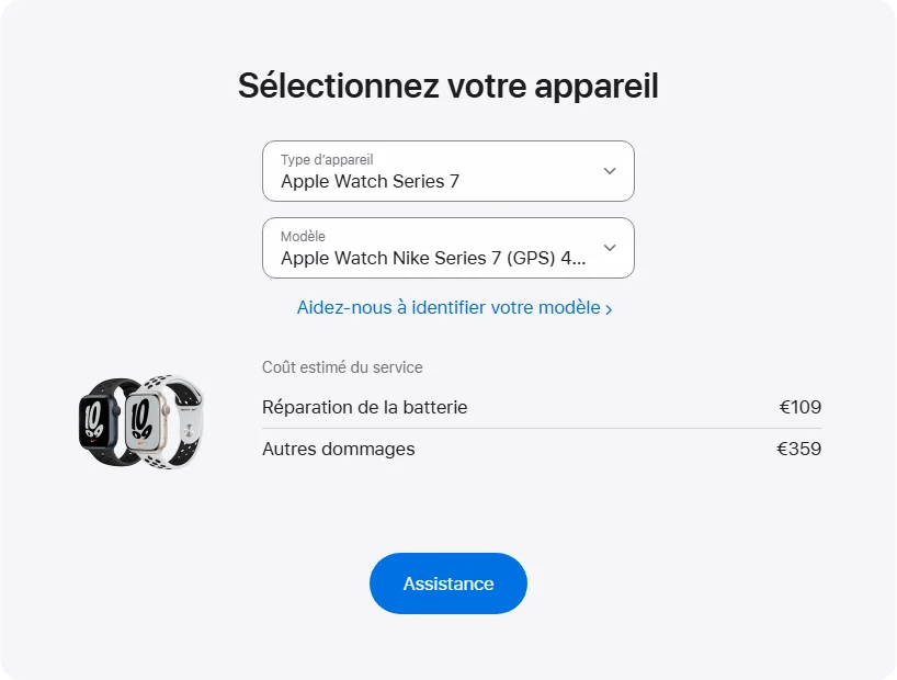 Apple France's repair pricing panel showing Apple Watch Nike Series 7 (GPS) 41 mm service estimates