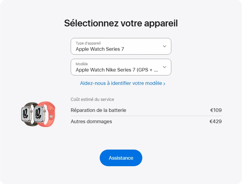 Apple France's repair pricing panel showing Apple Watch Nike Series 7 (GPS + Cellular) 45 mm service estimates