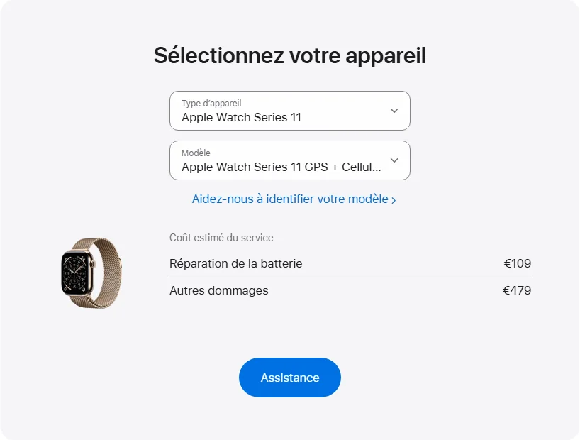 Apple France's repair pricing panel showing Apple Watch Series 11 GPS + Cellular titane 42 mm service estimates