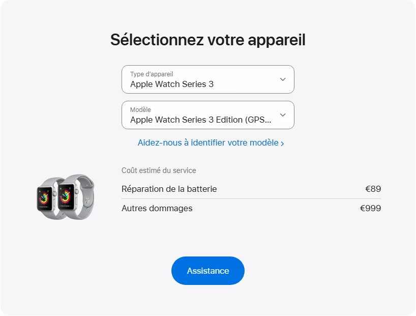 Apple France's repair pricing panel showing Apple Watch Series 3 Edition (GPS + Cellular) 42 mm service estimates