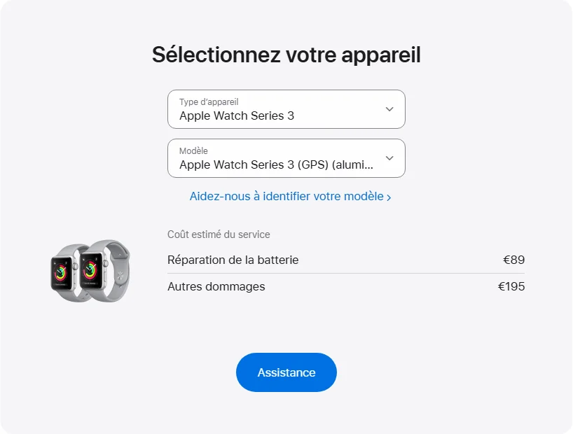 Apple France's repair pricing panel showing Apple Watch Series 3 (GPS) (aluminium) 38 mm service estimates