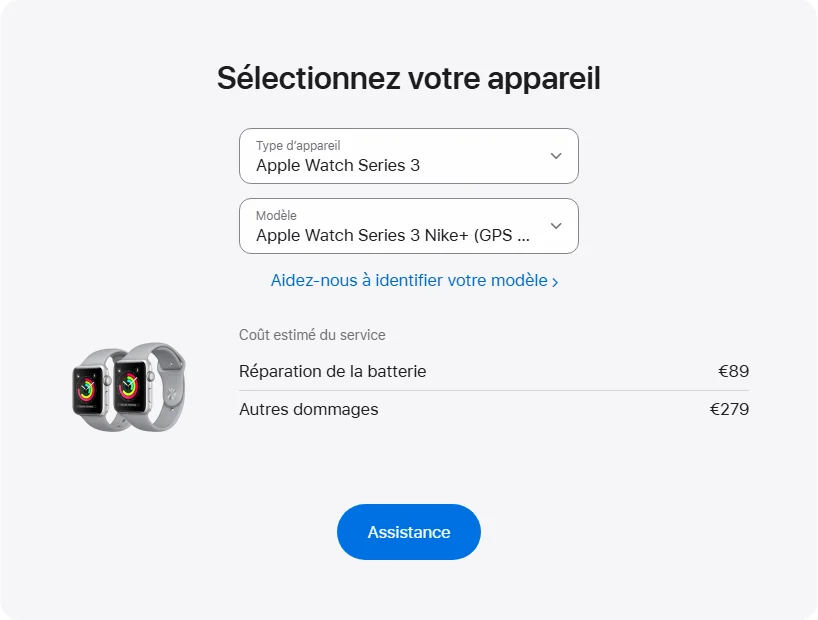 Apple France's repair pricing panel showing Apple Watch Series 3 Nike+ (GPS + Cellular) 38 mm service estimates