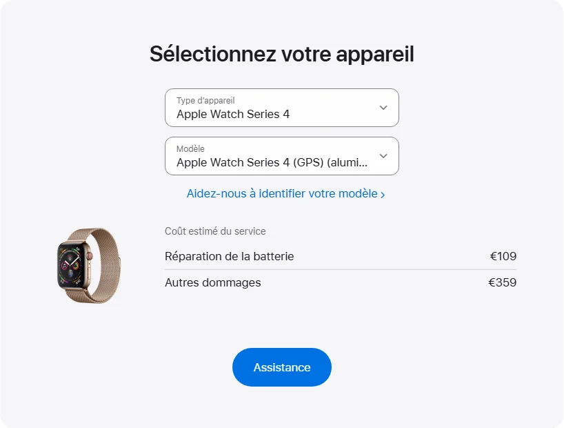 Apple France's repair pricing panel showing Apple Watch Series 4 (GPS) (aluminium) 40 mm service estimates
