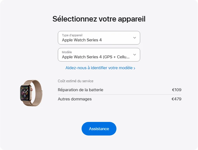 Apple France's repair pricing panel showing Apple Watch Series 4 (GPS + Cellular) (acier inoxydable) 44 mm service estimates