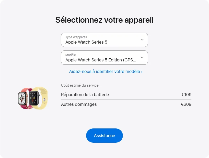 Apple France's repair pricing panel showing Apple Watch Series 5 Edition (GPS + Cellular) (Titanium) 44mm service estimates