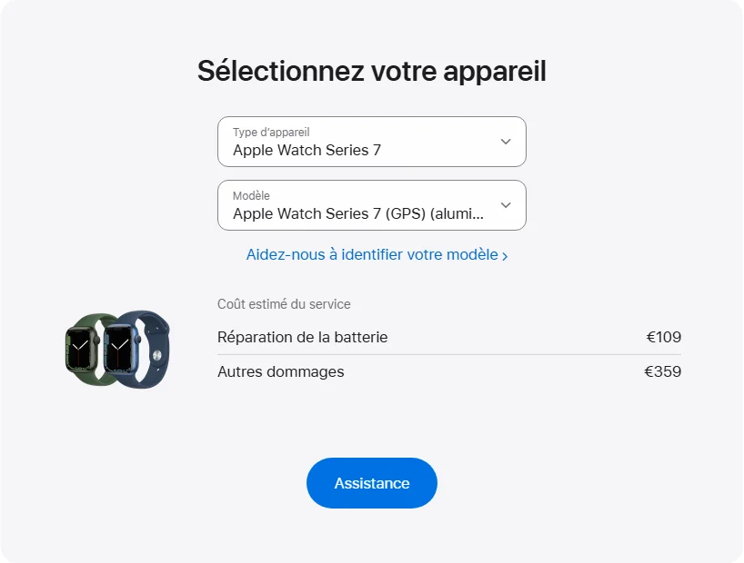 Apple France's repair pricing panel showing Apple Watch Series 7 (GPS) (aluminium) 41 mm service estimates