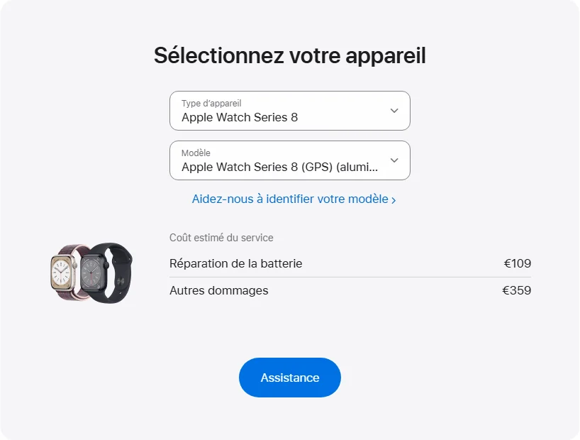 Apple France's repair pricing panel showing Apple Watch Series 8 (GPS) (aluminium) 45 mm service estimates