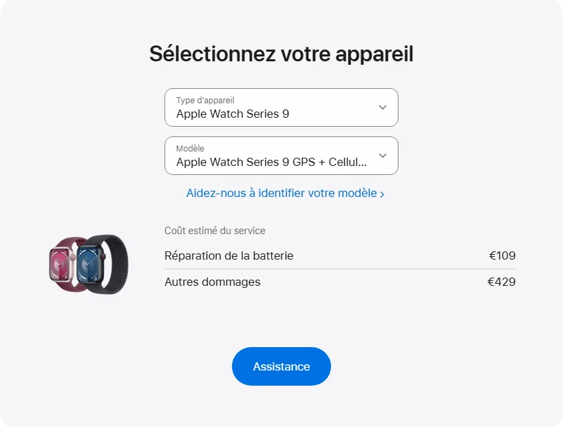 Apple France's repair pricing panel showing Apple Watch Series 9 GPS + Cellular aluminium 41 mm service estimates