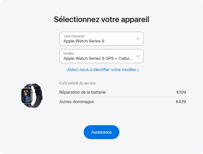 Apple France's repair pricing panel showing Apple Watch Series 9 GPS + Cellular aluminium 45 mm service estimates