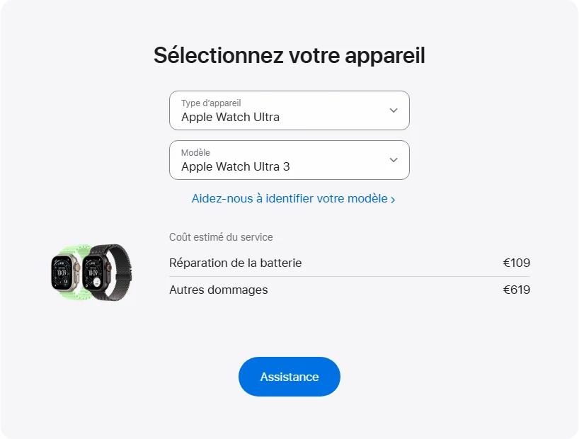 Apple France's repair pricing panel showing Apple Watch Ultra 3 service estimates