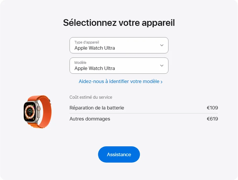 Apple France's repair pricing panel showing Apple Watch Ultra service estimates