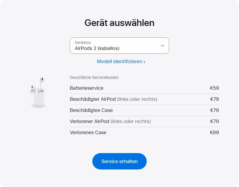 Apple Deutschland's repair pricing panel showing AirPods 2 (kabellos) service estimates