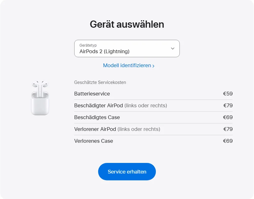 Apple Deutschland's repair pricing panel showing AirPods 2 (Lightning) service estimates