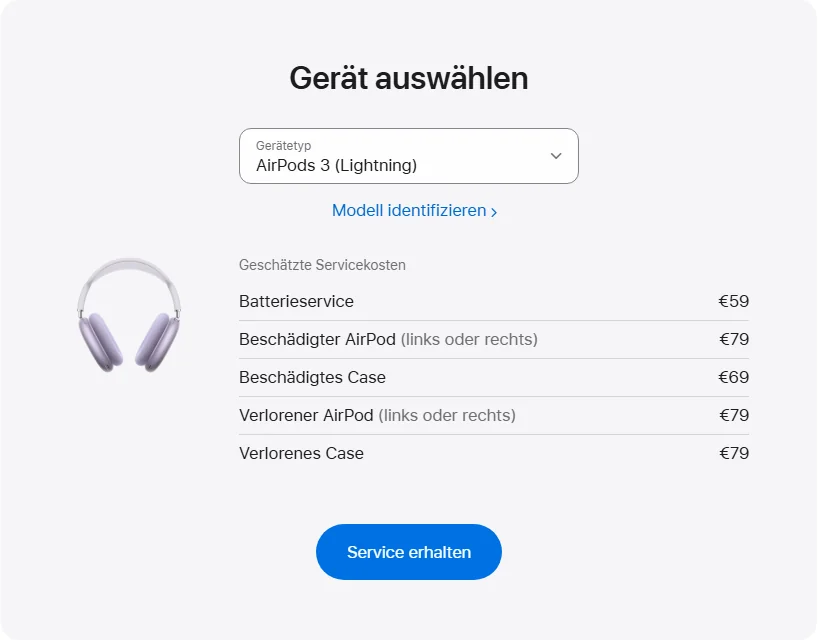 Apple Deutschland's repair pricing panel showing AirPods 3 (Lightning) service estimates