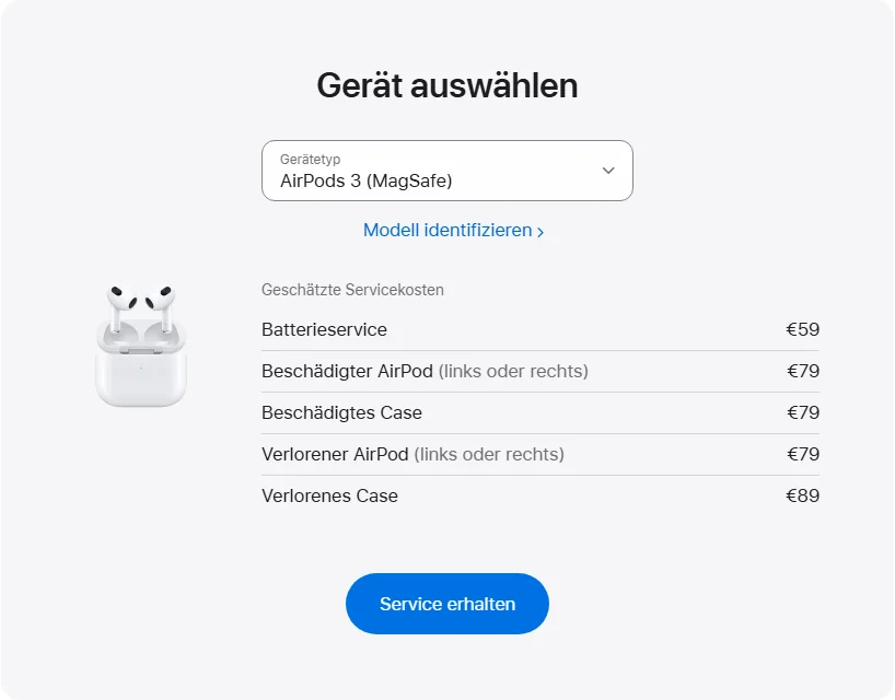 Apple Deutschland's repair pricing panel showing AirPods 3 (MagSafe) service estimates