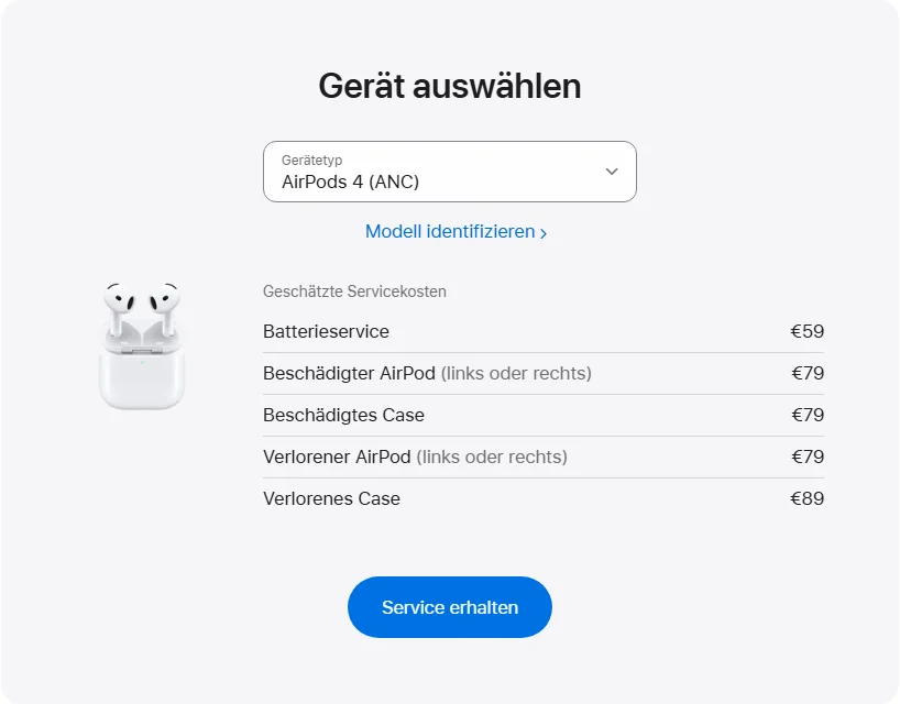 Apple Deutschland's repair pricing panel showing AirPods 4 (ANC) service estimates